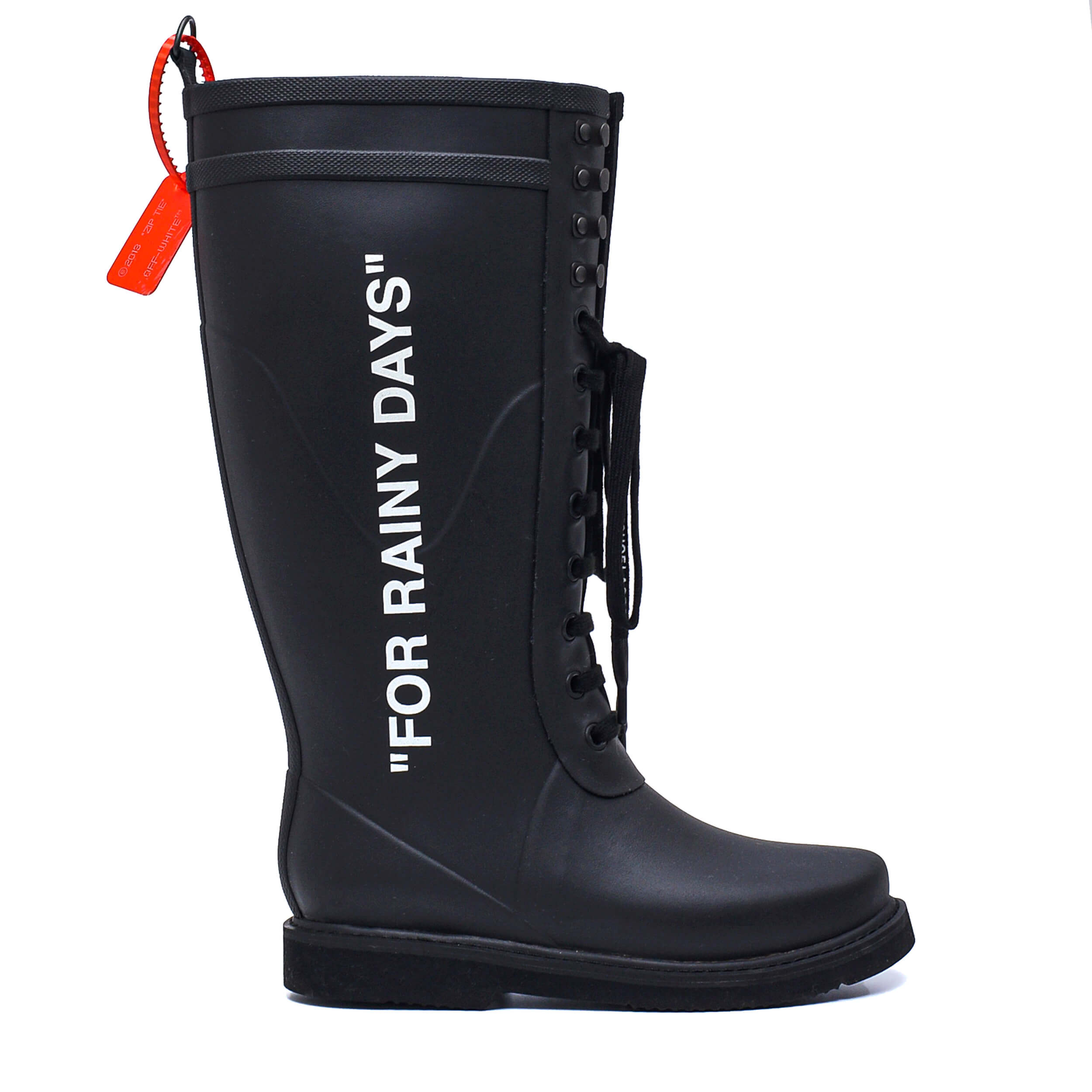 Off White- Black Zip Tie Tag Rain Boots